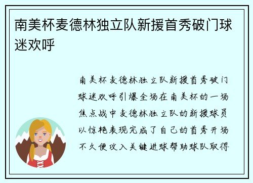 南美杯麦德林独立队新援首秀破门球迷欢呼