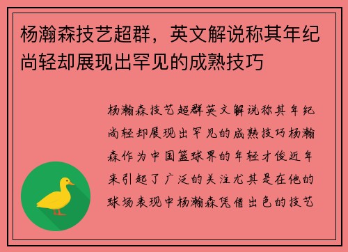 杨瀚森技艺超群，英文解说称其年纪尚轻却展现出罕见的成熟技巧